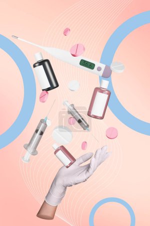 Fotocollage vertical de la mano muestran covid 19 prevención tratamiento jeringa vacuna píldoras antibióticas frasco aislado sobre fondo pintado.