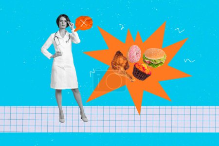 Kreative Bild-Collage junge attraktive Ärztin Krankenschwester Junk Food Ernährung verbieten Gesundheitswesen Kalorien Diät Zeichnung Hintergrund.