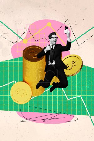 Vertical photo collage of excited businessman jump make selfie iphone rich profit coin stack earnings dollar isolated on painted background.