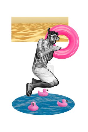 Collage vertical de photo de jeune homme sauter bouée de sauvetage porter équipement de natation océan sable été voyage flamant jouet isolé sur fond peint.