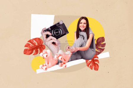 Kreative surreale Pop-Collage aus Schnürsenkeln auf Rollschuhen mit Fotokamera auf pastellfarbenem Hintergrund.