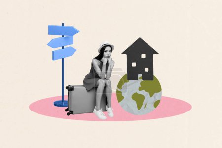 Collage créatif image jeune fille déprimée bouleversée réfugié perdu chemin maison nouvelle maison voyage valise bagages planète terre monde.