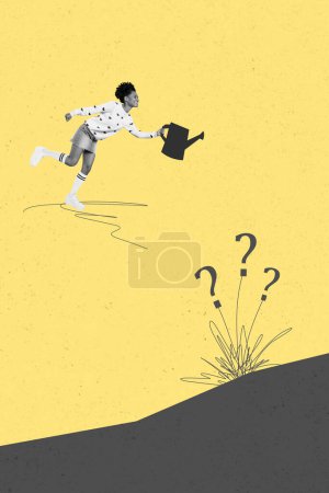 Composite artwork sketch image photo collage of black white silhouette young woman hand hold watering can think doodle question symbol.