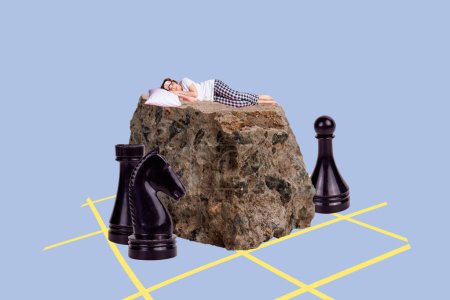 Creative image collage rock stone fragment young girl daydream sleep take nep chess figures knight boardgame checkered background.