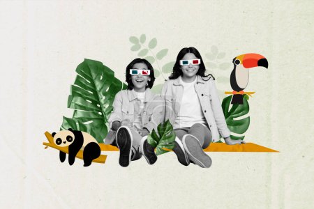 compuesto collage imagen de ver 3d gafas película divertido pareja niños disfrutan de la naturaleza selva zoológico extraño inusual fantasía valla publicitaria.