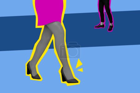 Creative abstract template collage of walking legs high heels shoe shop female man fantasy billboard comics zine minimal.