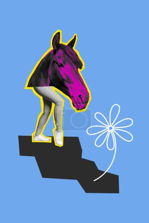 Kreative abstrakte Vorlage Collage von spazierenden weiblichen Beinen Pferd Kopf Blume Natur Bauernhof Fantasie Plakatwand Comics zine minimal.