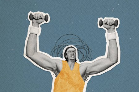 Composite Foto Collage von Stirnrunzeln Sportler halten Hantel Pumpe Bizeps Turnhalle Workout Bodybuilding behaarte Achseln isoliert auf gemaltem Hintergrund.