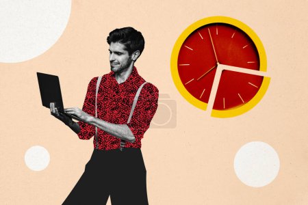 Composite photo collage of happy businessman type macbook device freelance worker clock pizza imitation isolated on painted background.