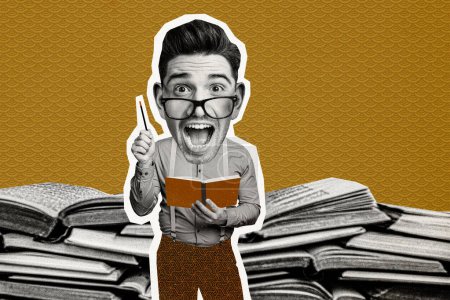 Composite photo collage of excited academic man wear glasses big head hold pencil book pile exam preparation isolated on painted background.
