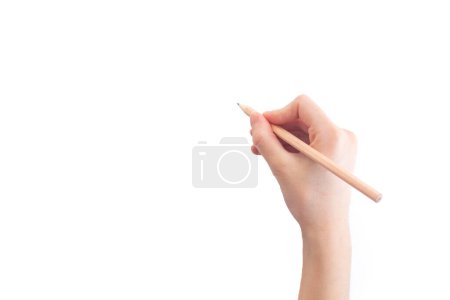 Hand holding a pencil on a white background. Top view, copy space for text.