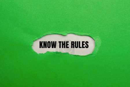 Photo for Know the rules words written on ripped green paper with gray background. Conceptual business know the rules symbol. Copy space. - Royalty Free Image