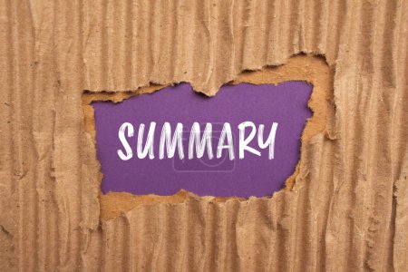 Photo for Summary word written on ripped cardboard paper with purple background. Conceptual summary word symbol. Copy space. - Royalty Free Image