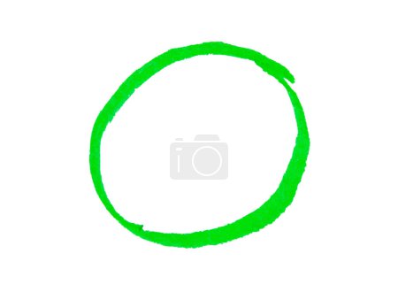 Green circle isolated on a white background. Round shape drawn with green marker pen. Circle frame highlighter.