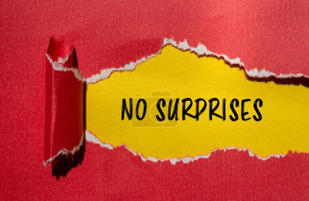 No surprises words written on ripped red paper with yellow background. Conceptual no surprises concept. Copy space.