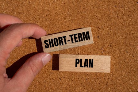 Short term plan words written on wooden blocks with brown background. Conceptual short term plan symbol. Copy space.