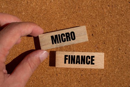 Palabras microfinancieras escritas en bloques de madera con fondo marrón. Símbolo conceptual de microfinanzas. Copiar espacio.