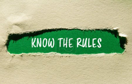 Photo for Know the rules words written on ripped paper with green background. Conceptual know the rules symbol. Copy space. - Royalty Free Image