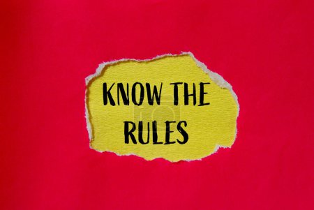 Photo for Know the rules words written on ripped red paper with yellow background. Conceptual know the rules symbol. Copy space. - Royalty Free Image