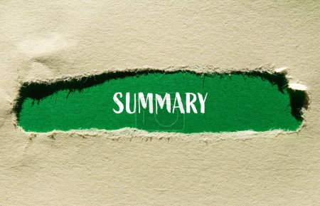 Summary word written on ripped paper with green background. Conceptual summary word symbol. Copy space.
