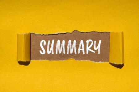 Photo for Summary word written on ripped yellow paper with brown background. Conceptual summary word symbol. Copy space. - Royalty Free Image