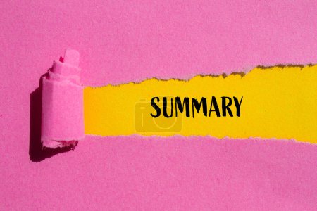 Photo for Summary word written on ripped pink paper with yellow background. Conceptual summary word symbol. Copy space. - Royalty Free Image