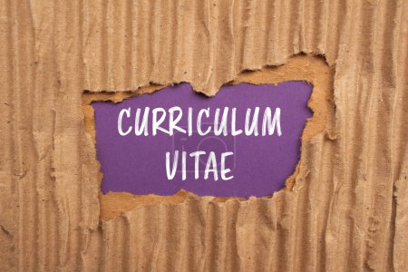 Curriculum vitae mots écrits sur du papier cartonné déchiré avec fond violet. Curriculum vitae conceptuel symbole. Espace de copie.