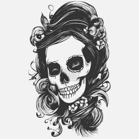 Téléchargez les illustrations : Crâne féminin dessiné à la main vecteur noir et blanc clip ar - en licence libre de droit