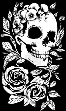 Téléchargez les illustrations : Crâne féminin et roses papier peint dessin à la main vecteur noir et blanc clip ar - en licence libre de droit