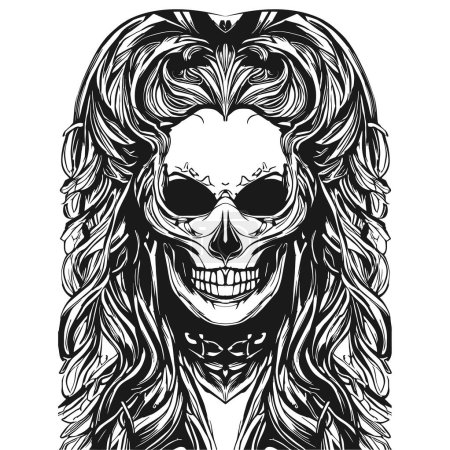 Téléchargez les illustrations : Femme crâne féminin tatouage main dessiné vecteur noir et blanc clip ar - en licence libre de droit