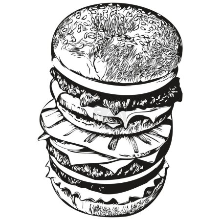 Téléchargez les photos : Vintage graver hamburger isolé illustration coupe encre croquis hamburge - en image libre de droit