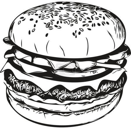 Téléchargez les photos : Burger illustration vintage, noir et blanc vecteur art hamburge - en image libre de droit