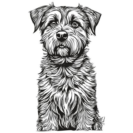 Border Terrier Hund T-Shirt Print schwarz und weiß, süße lustige Umrisse Zeichnung Vektor realistische Rasse Haustier