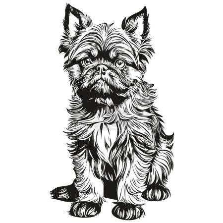 Bruselas Griffon perro camiseta impresión blanco y negro, lindo contorno divertido dibujo vector realista raza mascota