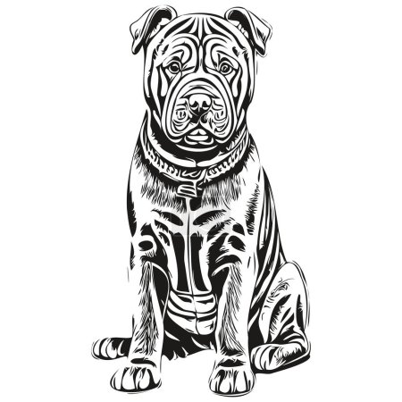 Téléchargez les illustrations : Chinois Shar Pei chien dessiné à la main logo dessin noir et blanc ligne art animaux de compagnie illustration animal de race réaliste - en licence libre de droit