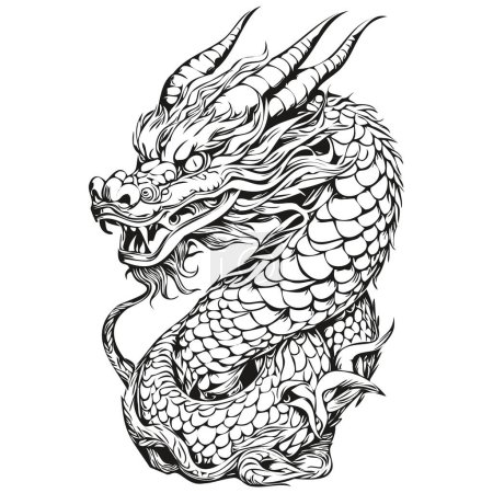 Photo for Year of the Dragon Vintage Engraving and Hand Drawn Sketch, black white isolated Vector ink outlines template for greeting card, poster, invitation, logo - Royalty Free Image