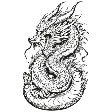 Photo for Year of the Dragon Vintage Engraving and Hand Drawn Sketch, black white isolated Vector ink outlines template for greeting card, poster, invitation, logo - Royalty Free Image
