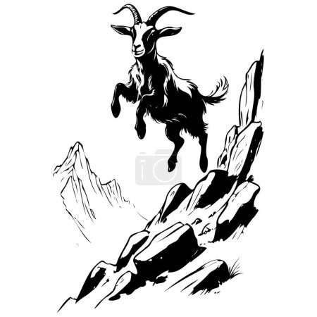 Alpine Goat jumps ink hand drawn animal illustration, transparent background