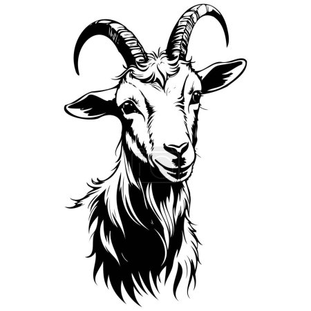 Silhouette of Alpine Goat portrait monochrome outline drawing, realistic tattoo painting on transparent background