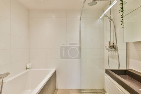 Téléchargez les photos : Design intérieur moderne de la maison de salle de bain blanche avec baignoire ouverte de douche par cloison - en image libre de droit