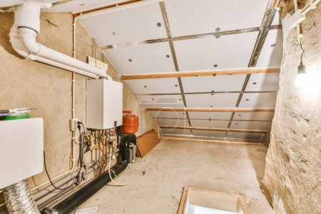a room under construction with pipes and water heater in the corner, which is being used for plumbing work