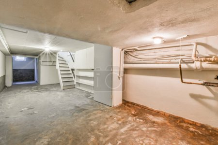 Foto de Una habitación sin terminar con tuberías y escaleras en la pared, en la que se utiliza como espacio de almacenamiento - Imagen libre de derechos