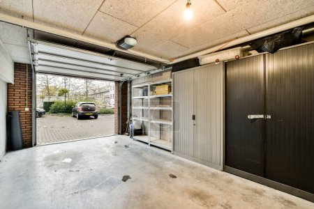 Photo for Amsterdam, Netherlands - 10 April, 2021: the inside of a garage with an open door that leads out to a car parked in the parking lot behind it - Royalty Free Image