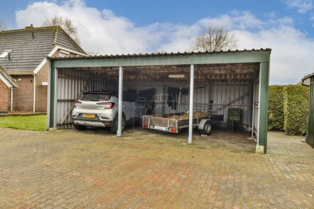 Photo for A garage with two cars parked in the driveway and one car on the other side of the garage is empty - Royalty Free Image
