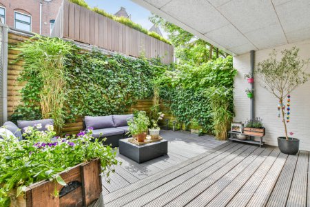 Téléchargez les photos : Un espace de vie extérieur avec terrasse en bois et plantes en pot sur le mur, entouré de murs en briques blanches - en image libre de droit