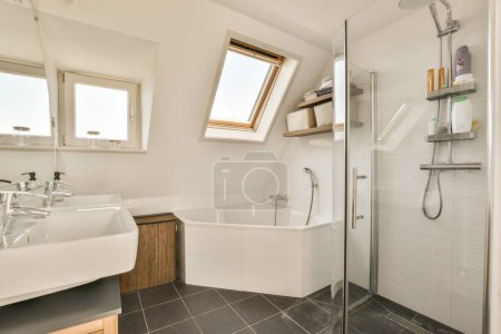 Téléchargez les photos : Une salle de bain moderne avec puits de lumière sur la fenêtre et baignoire dans la douche est à côté de l'évier, qui a été utilisé pour - en image libre de droit