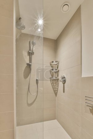 Téléchargez les photos : Une salle de bain avec pomme de douche et mains courantes sur le mur, en face de la cabine de douche vitrée - en image libre de droit