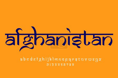 Foto de Afghanistan text design. Indian style Latin font design, Devanagari inspired alphabet, letters and numbers, illustration. - Imagen libre de derechos