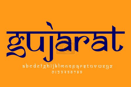Foto de Indian state Gujarat text design. Indian style Latin font design, Devanagari inspired alphabet, letters and numbers, illustration. - Imagen libre de derechos