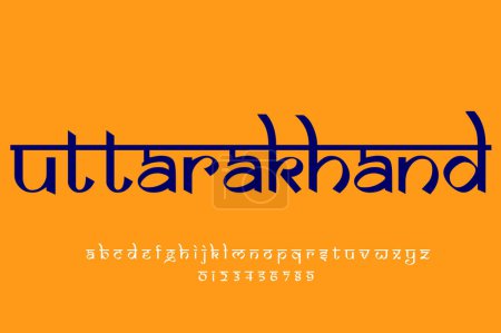 Foto de Indian state Uttarakhand text design. Indian style Latin font design, Devanagari inspired alphabet, letters and numbers, illustration. - Imagen libre de derechos
